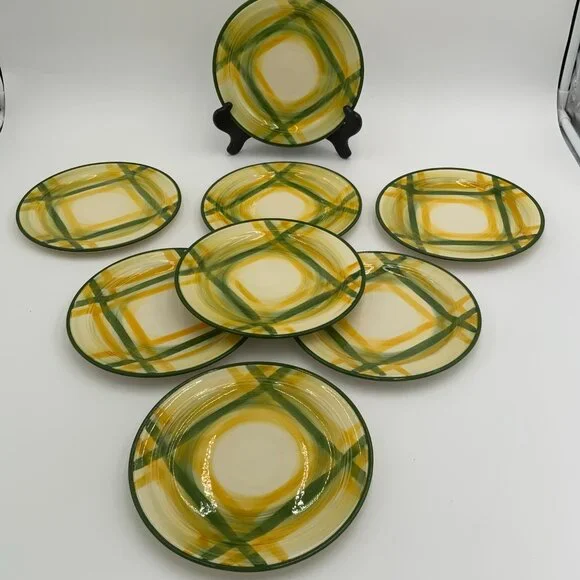 Set of 8 Hand Painted VTG USA Vernonware Gingham Salad Plates 7.5” - Picture 3 of 5